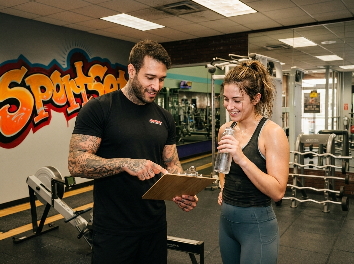 Sportset trainer reviewing custom fitness plan with a client at the gym