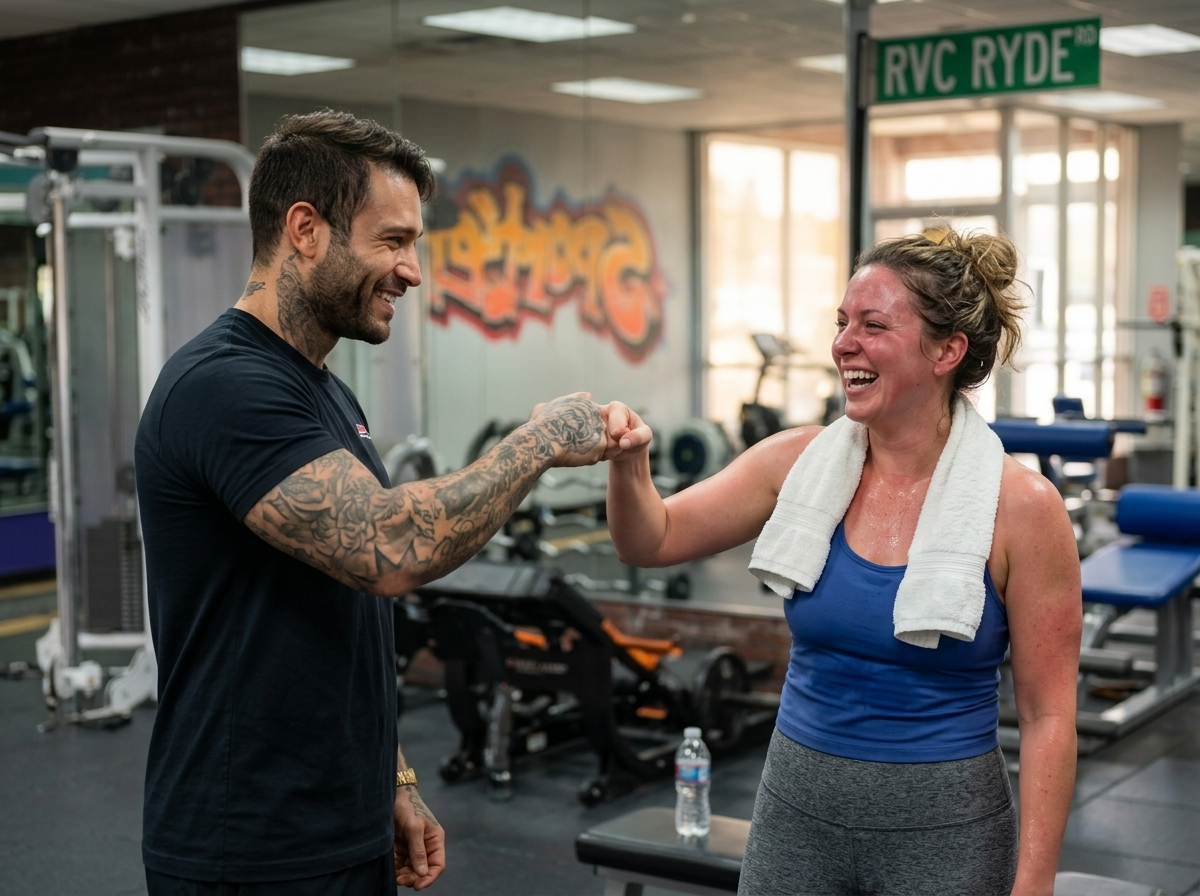 Happy trainer and client bumping fists at Sportset Gym