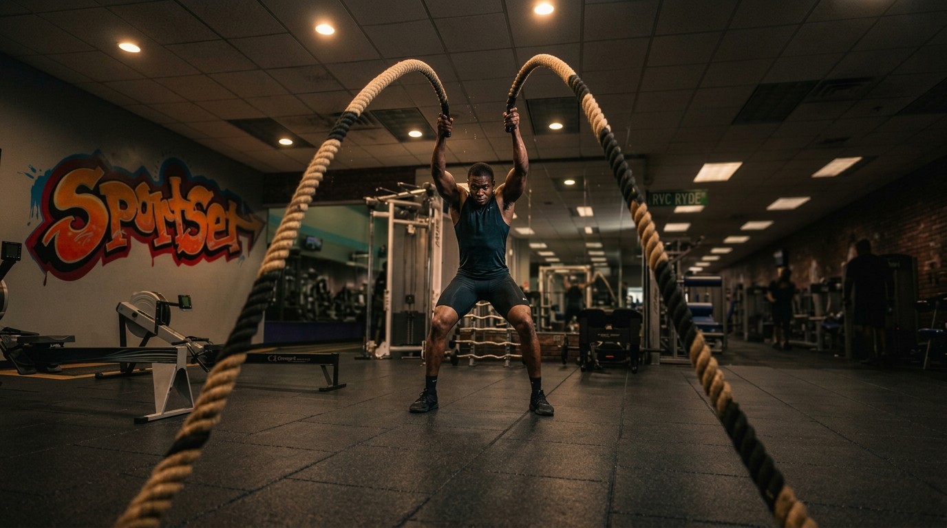 Athlete working out with battle ropes at Sportset