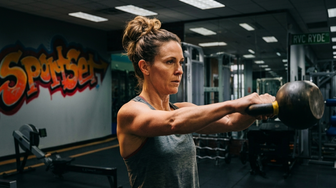Woman swinging a kettlebell in the gym